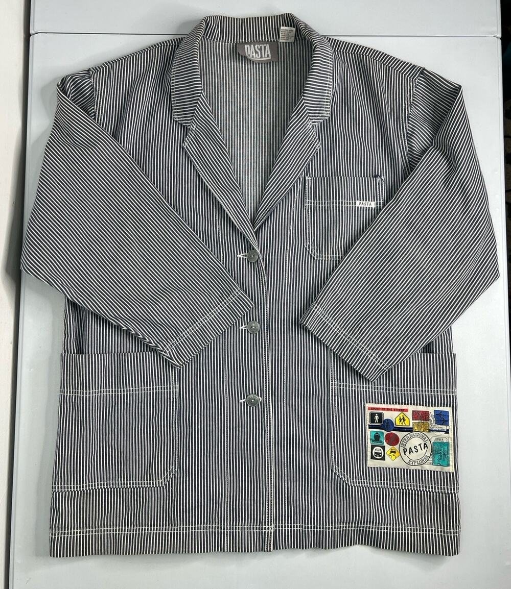 Vintage Pasta Striped Jacket Blazer Blue White Patched Streetwear One Size